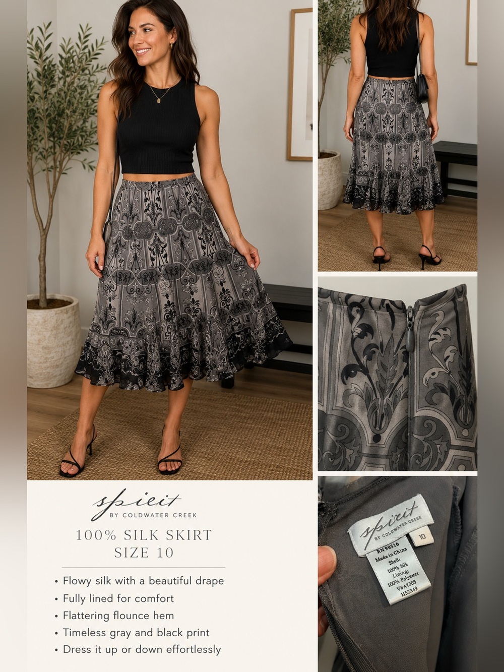 Coldwater Creek Gray & Black Printed Silk Midi Skirt